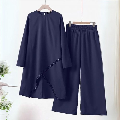 Muslim Women Two Piece Suit Long Sleeved O-Neck Casual Shirt -  Navy Blue |image