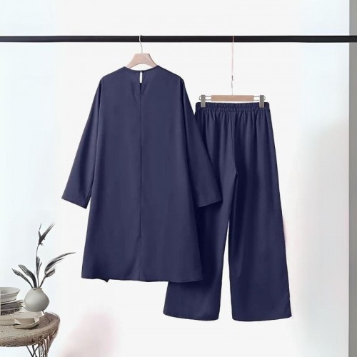 Muslim Women Two Piece Suit Long Sleeved O-Neck Casual Shirt -  Navy Blue |image