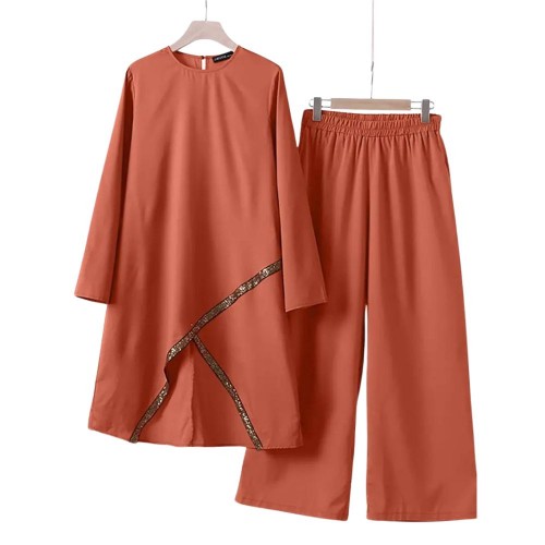 Muslim Women Two Piece Suit Long Sleeved O-Neck Casual Shirt - Red |image