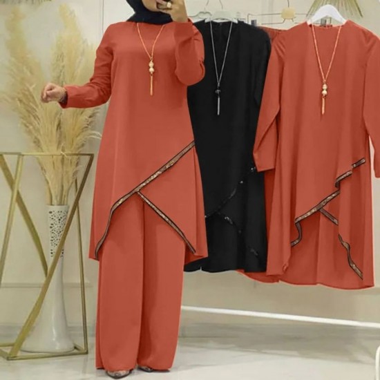 Muslim Women Two Piece Suit Long Sleeved O-Neck Casual Shirt - Red |image