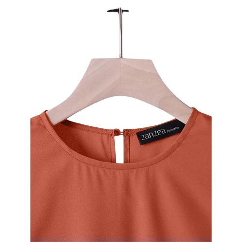 Muslim Women Two Piece Suit Long Sleeved O-Neck Casual Shirt - Red |image