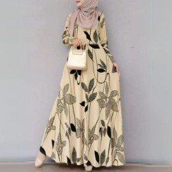 Muslim Women's Floral Print Long Sleeve Swing Dress Robe Holiday - Beige