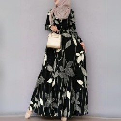 Muslim Women's Floral Print Long Sleeve Swing Dress Robe Holiday - Black
