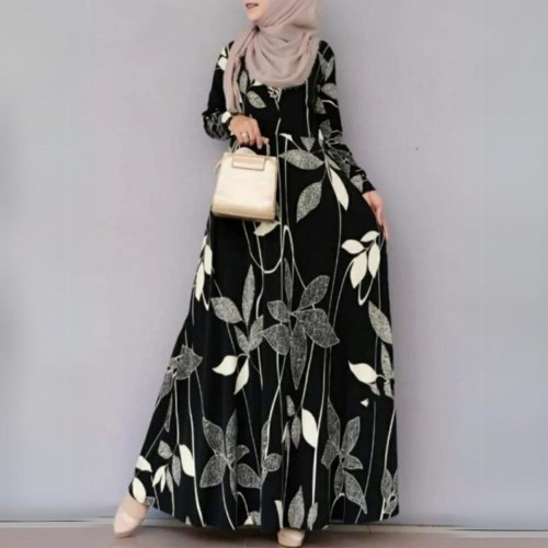 Muslim Women's Floral Print Long Sleeve Swing Dress Robe Holiday - Black |image