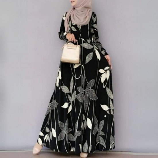 Muslim Women's Floral Print Long Sleeve Swing Dress Robe Holiday - Black |image