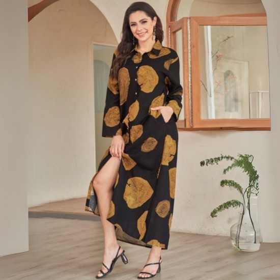 Cream Checkered Maxi Shirt Dress with Contrast Collar and Pockets - Brown |image