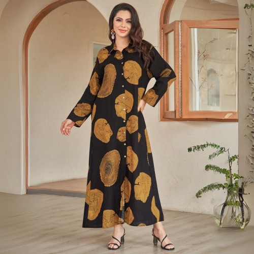 Cream Checkered Maxi Shirt Dress with Contrast Collar and Pockets - Brown |image