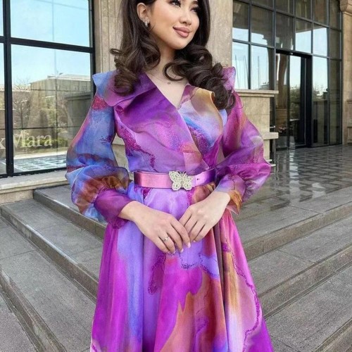 New Foreign Trade Printed Large Swing Mesh Dress - Purple |image