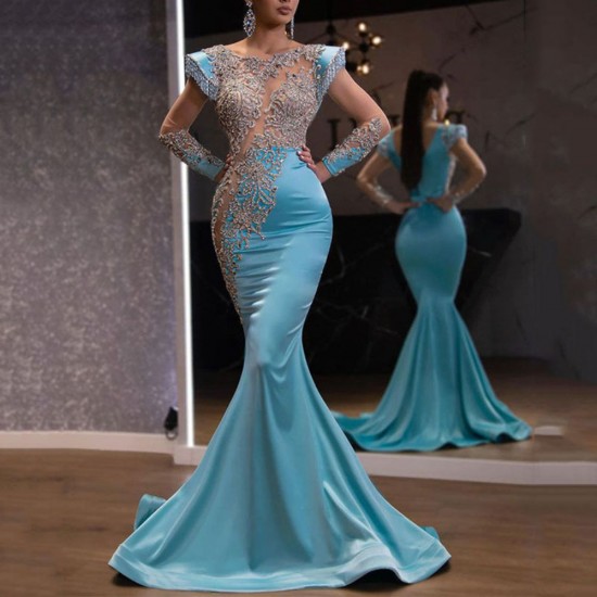 Elegant black high-end ball gown with luxurious sequins, a flattering V-neck, and statement lantern sleeves, perfect for special occasions Light Blue Fishtail Skirt Long Sand Gold Series Dress |image