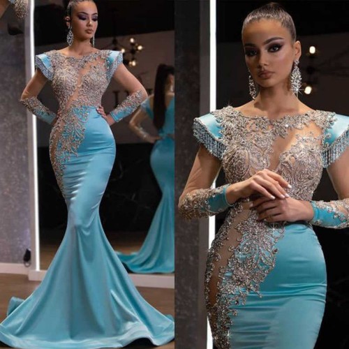 Light Blue Fishtail Skirt Long Sand Gold Series Dress |image