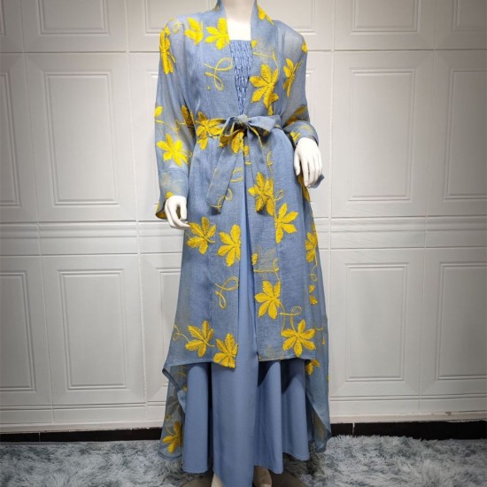 Sweet V-Neck Contrast Color Printing Embroidery Belt Flared Sleeve Kaftan - Blue |image