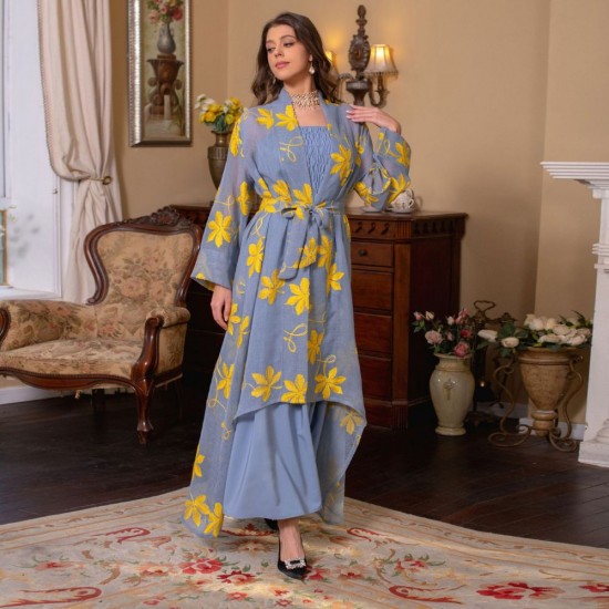 Sweet V-Neck Contrast Color Printing Embroidery Belt Flared Sleeve Kaftan - Blue |image
