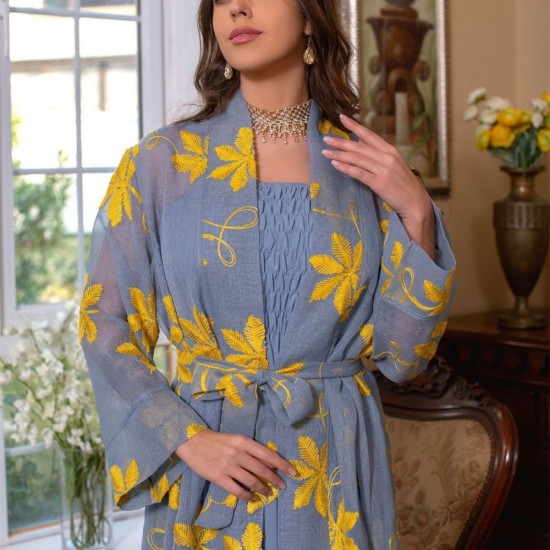 Sweet V-Neck Contrast Color Printing Embroidery Belt Flared Sleeve Kaftan - Blue |image
