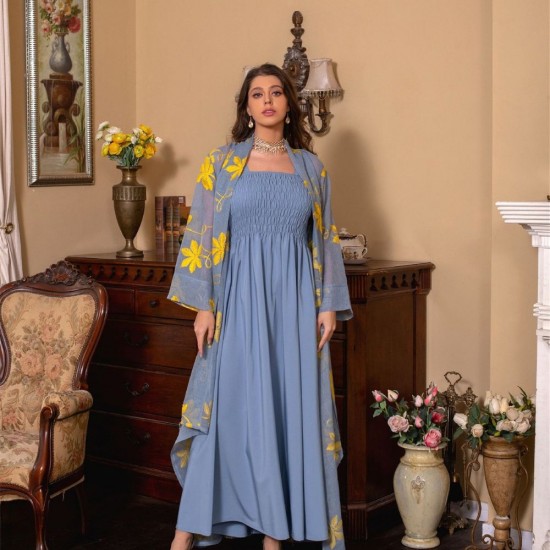 Sweet V-Neck Contrast Color Printing Embroidery Belt Flared Sleeve Kaftan - Blue |image