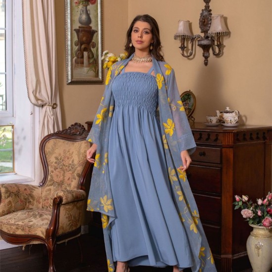 Sweet V-Neck Contrast Color Printing Embroidery Belt Flared Sleeve Kaftan - Blue |image