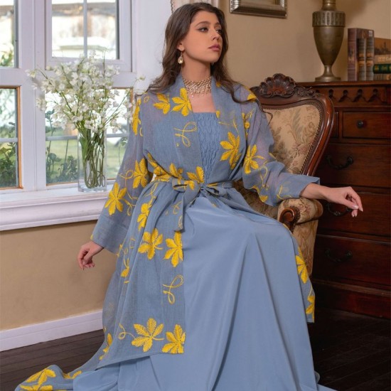 Sweet V-Neck Contrast Color Printing Embroidery Belt Flared Sleeve Kaftan - Blue |image