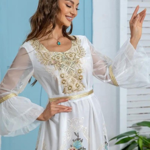 Women's Cross-Border Muslim Evening Sequin Embroidery Dress - White |image