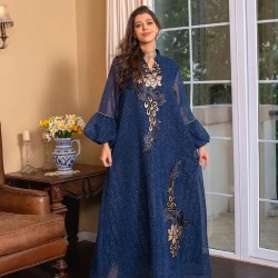 Sweet V-Neck Embroidered Rhinestone Solid Color Kaftan With Flared Sleeves - Blue