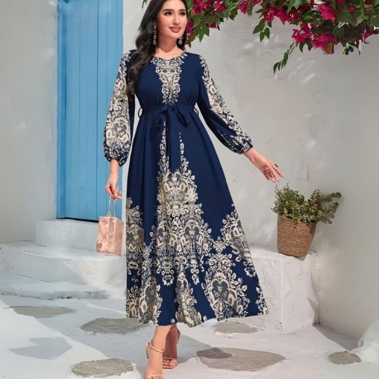 Graphic Print Tie Waist Kaftan Elegant Lantern Sleeve Maxi Length Dress - Navy Blue |image