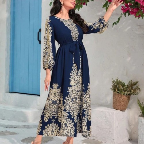 Graphic Print Tie Waist Kaftan Elegant Lantern Sleeve Maxi Length Dress - Navy Blue |image