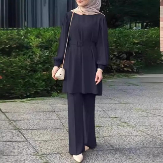 Muslim Women Cross Border Round Neck Long Sleeved Belt Elastic Waist Top And Trousers Suit - Navy Blue |image