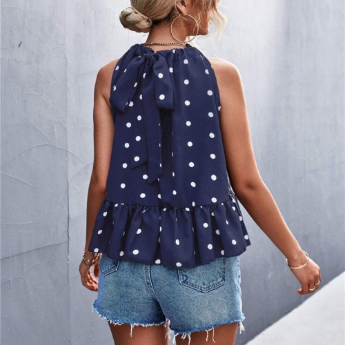 Polka Dot Grecian Neck Peplum Top - Blue |image