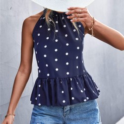 Polka Dot Grecian Neck Peplum Top - Blue 
