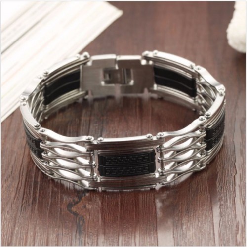 Stainless Steel Silicone Jewelry Black Silver Men Bracelets |image