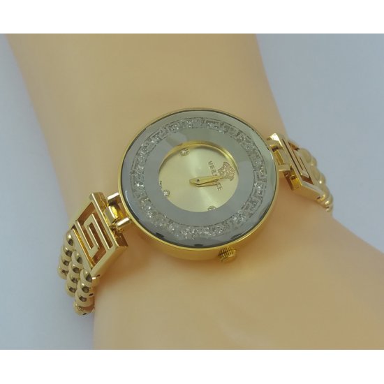 Versace Style Round Gold Dial Diamond Gold Bracelet Watch For Women |image