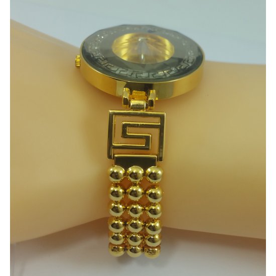 Versace Style Round Gold Dial Diamond Gold Bracelet Watch For Women |image