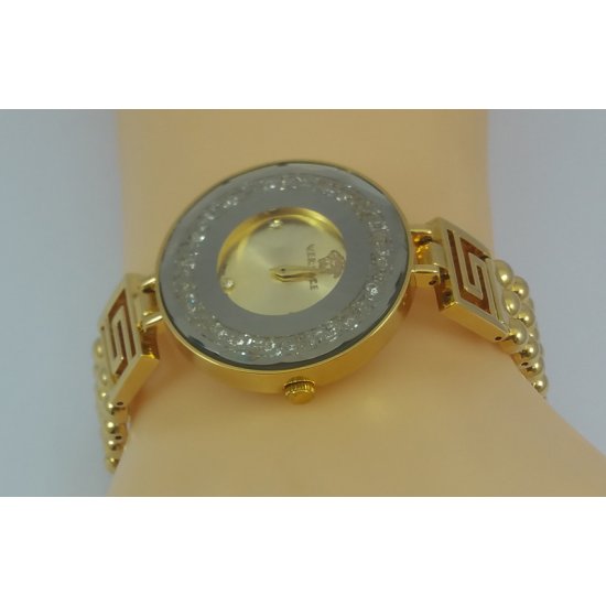 Versace Style Round Gold Dial Diamond Gold Bracelet Watch For Women |image