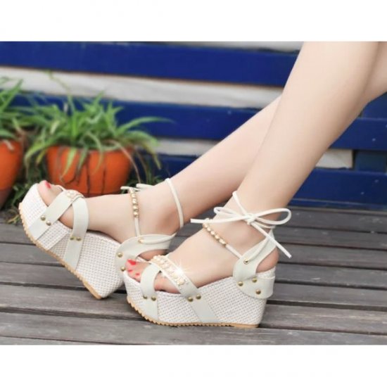 Women Fashion Cream Color Thick Crust Wedge Sandals - Cream |image