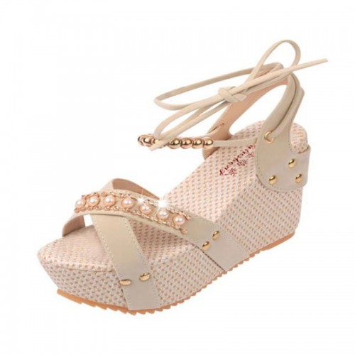 Women Fashion Cream Color Thick Crust Wedge Sandals - Cream |image