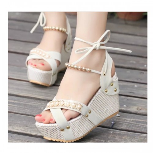 Women Fashion Cream Color Thick Crust Wedge Sandals - Cream |image