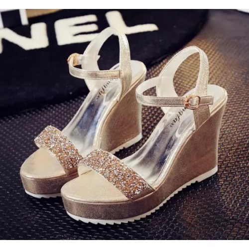 Women Fashion Gold Diamond Crystals Designed Wedge Sandals CSW-34G image