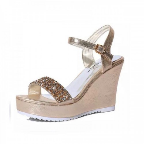 Women Fashion Gold Diamond Crystals Designed Wedge Sandals CSW-34G image
