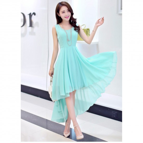 Summer Light Blue Color Long Bohemian Chiffon Women Dress - Blue |image
