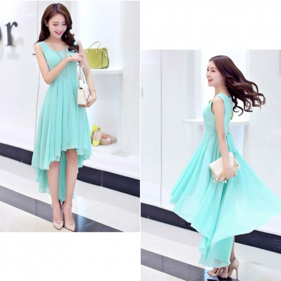 Summer Light Blue Color Long Bohemian Chiffon Women Dress - Blue |image