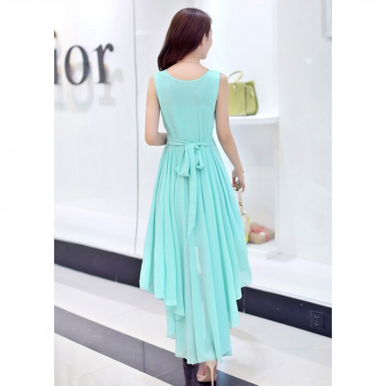 Summer Light Blue Color Long Bohemian Chiffon Women Dress - Blue |image